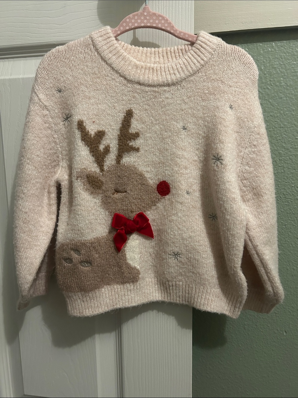 Zara Cream Reindeer Sweater with Red Bow Accent